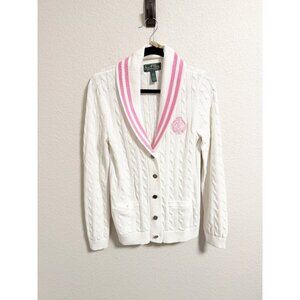 Lauren Active‎ Ralph Lauren Shawl Collar Cable Knit Cardigan White Pink Large